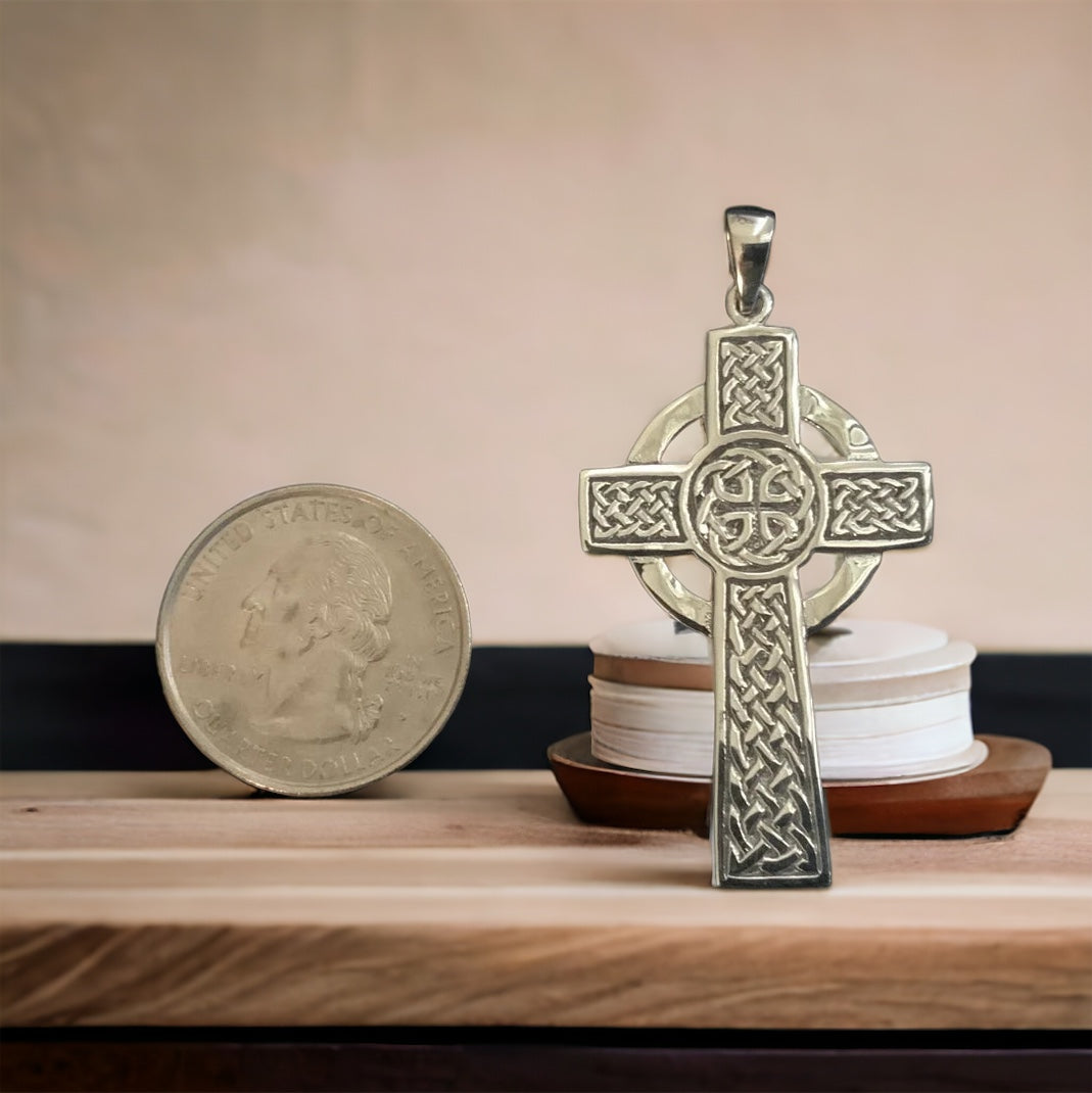 Large Handcast 925 Sterling Silver Irish Celtic Cross Pendant + Free Chain Necklace