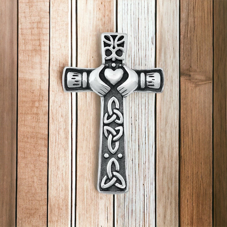 925 Sterling Silver Irish Celtic Claddagh Claddaugh Cross Pendant Necklace Free Chain