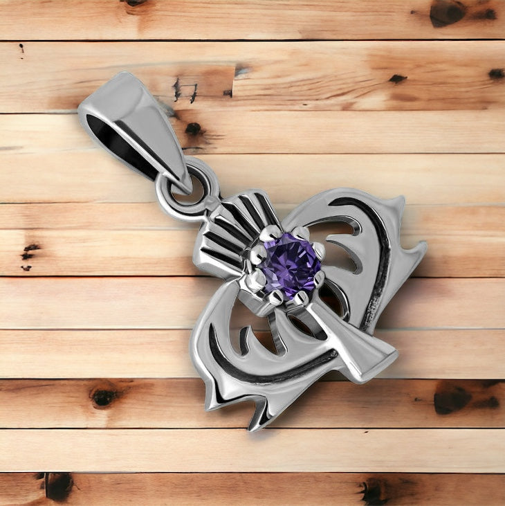 925 Sterling Silver Scottish Thistle Flower Charm Pendant Amethyst CZ + Free Chain