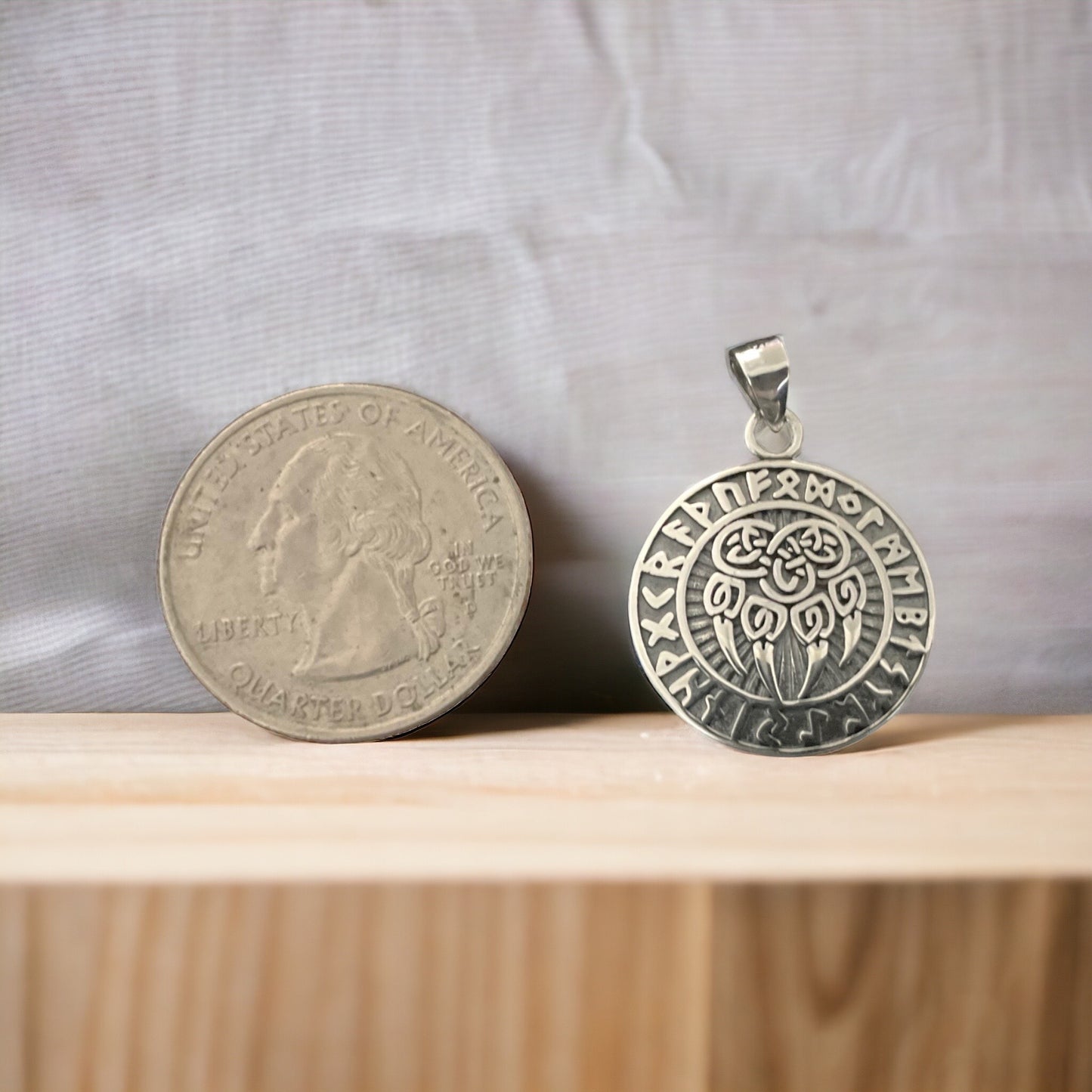 925 Sterling Silver Viking Celtic Wolf Claw Paw Pendant with Celtic Knot Designs and Rune Alphabet + Free Chain