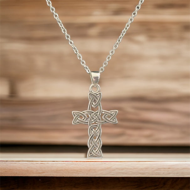 Handcast 925 Sterling Silver Celtic Braided Knot Cross Pendant Necklace + Free Chain