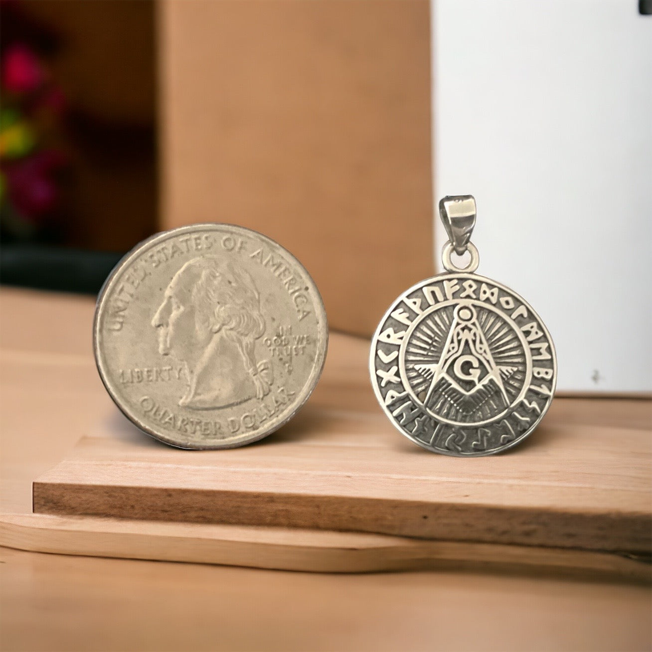 925 Sterling Silver Freemason Square Compass Emblem Pendant with Rune Alphabet+ Free Chain