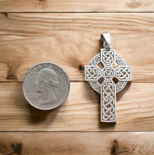 Large Handcast 925 Sterling Silver Irish Celtic Cross Pendant + Free Chain Necklace