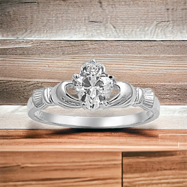 Sterling Silver Irish Claddagh Ring w/ Clear CZ