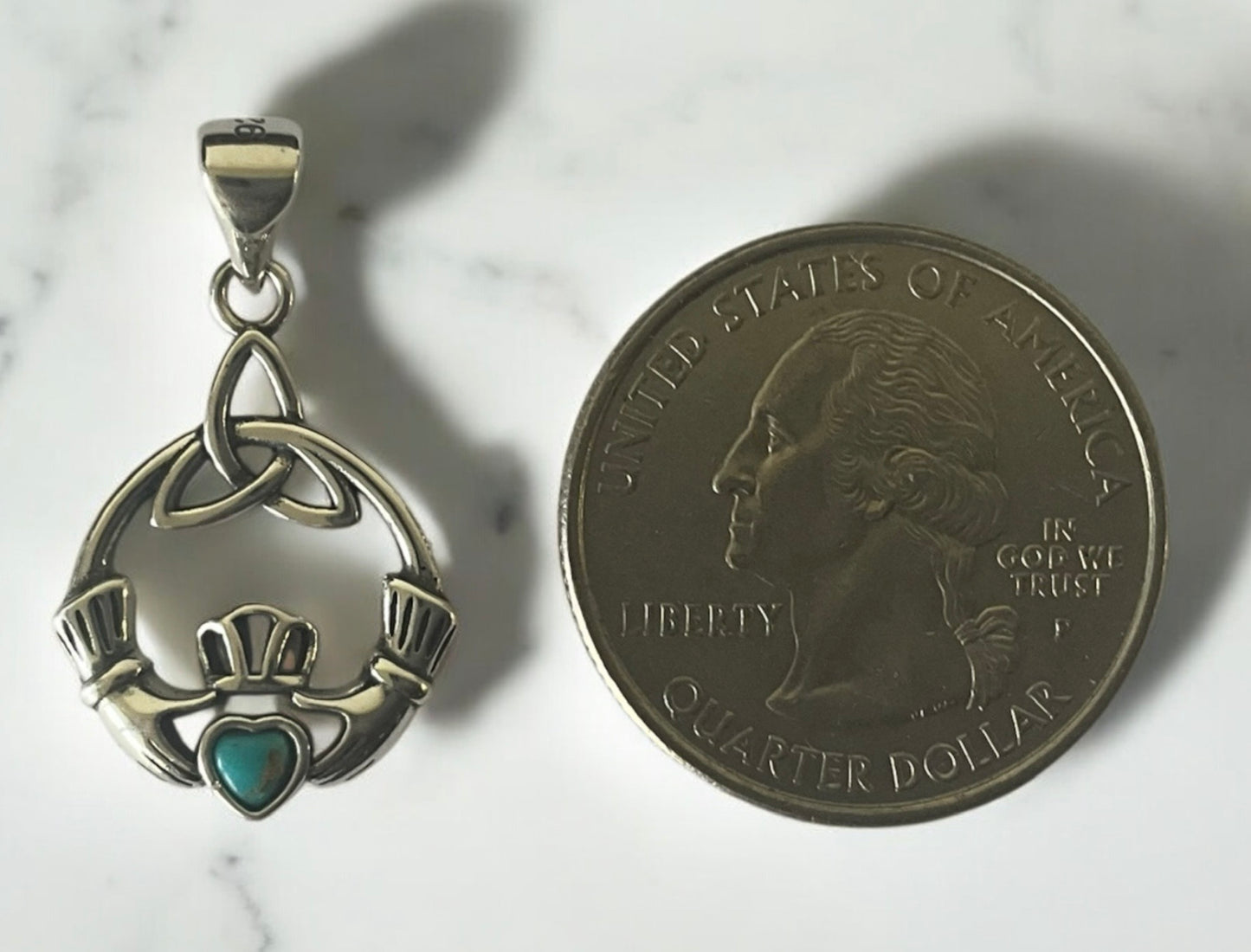 925 Sterling Silver Irish Celtic Claddagh Turquoise Pendant Necklace