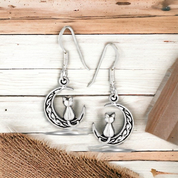 925 Sterling Silver Celtic Crescent Moon Cat Dangle Earrings
