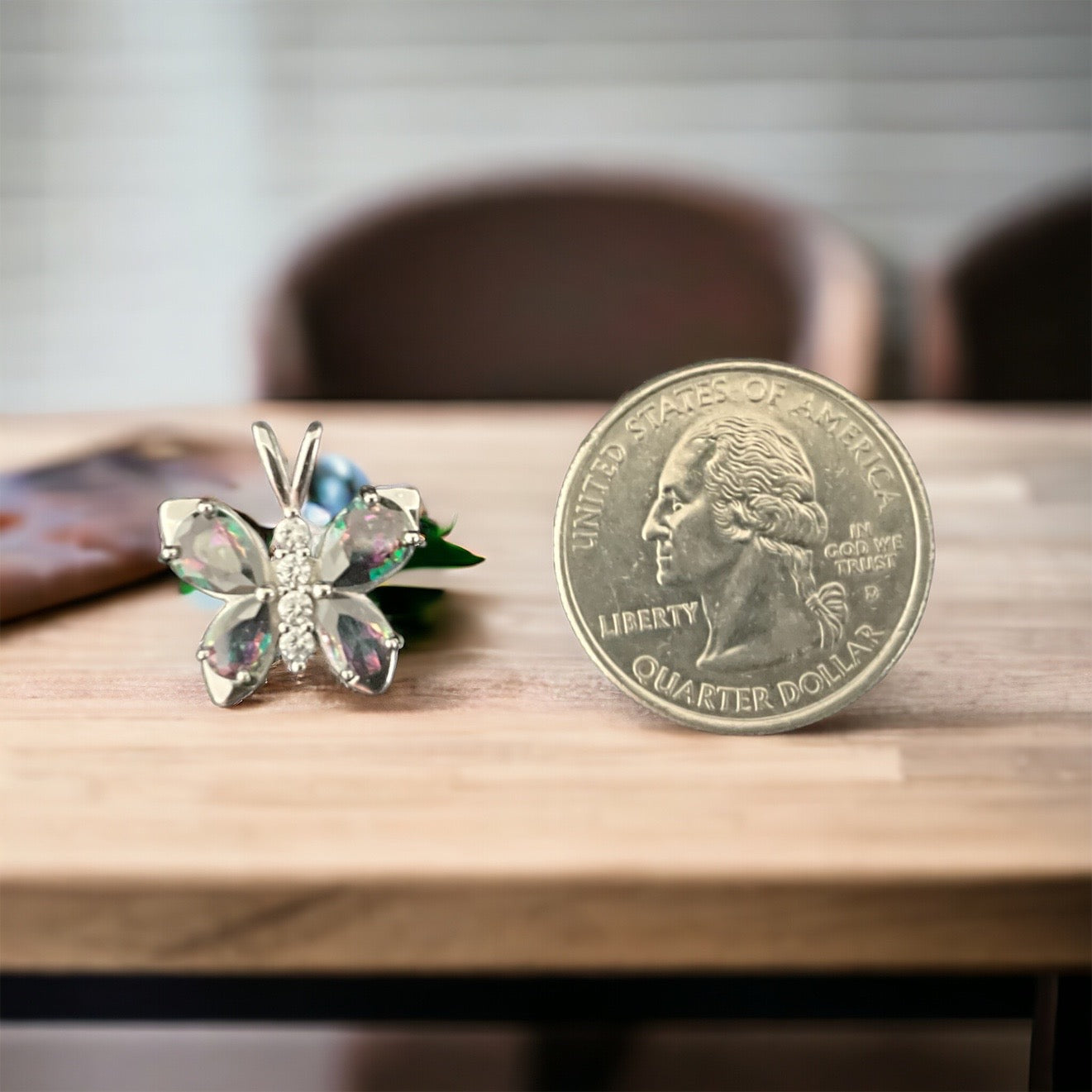 925 Sterling Silver Butterfly Pendant Necklace w/ Rainbow Topaz CZ + Free Chain