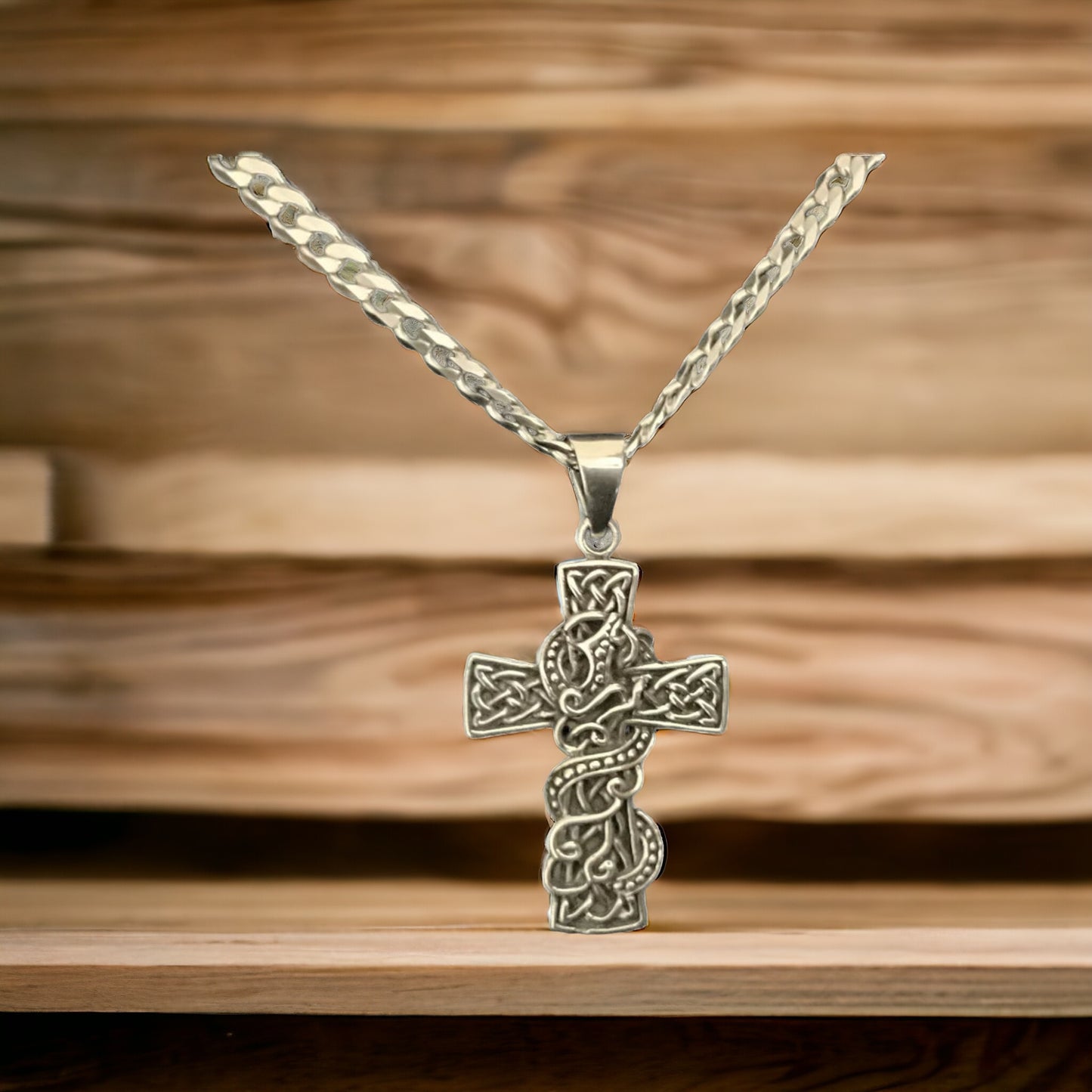 Large Handcast 925 Sterling Silver Irish Celtic Cross Serpent / Snake Pendant + Free Chain Necklace