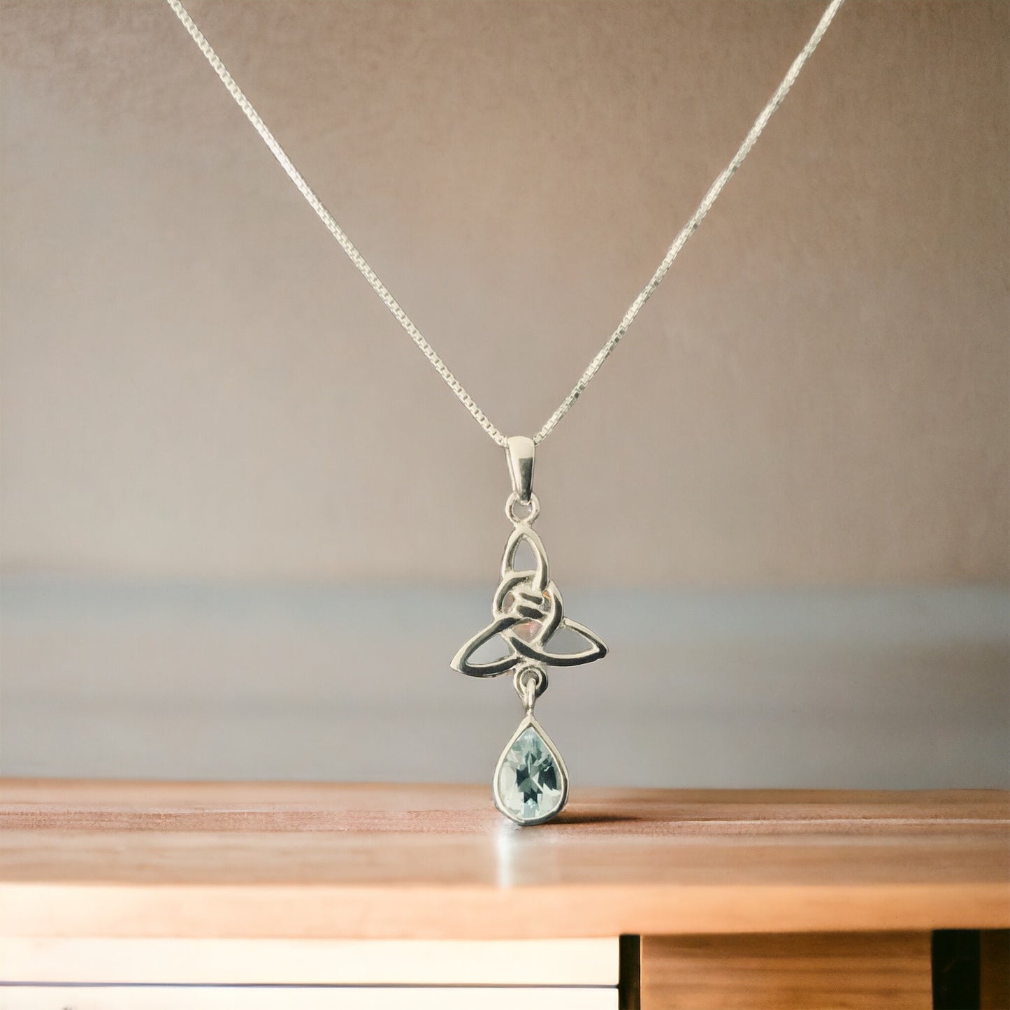 925 Sterling Silver Celtic Trinity Knot with Blue Topaz Pendant + Chain