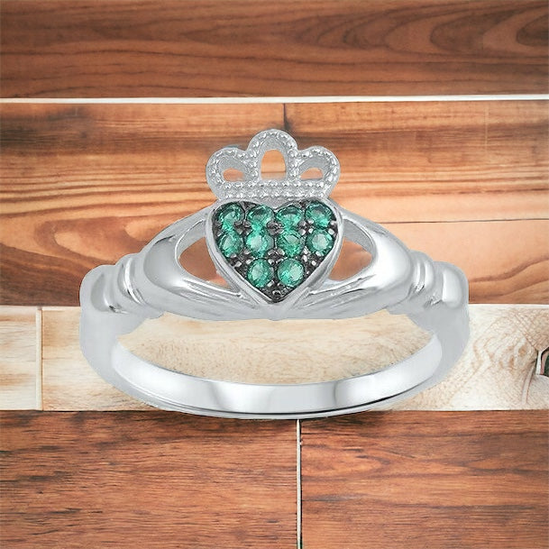 Sterling Silver Irish Claddagh Ring w/ Emerald Green CZ Size 4-10