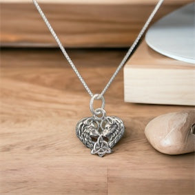 Handcast 925 Sterling Silver Celtic Wolf Heart Pendant accented w/ Celtic Trinity Triquetra Knot + Free Chain Necklace