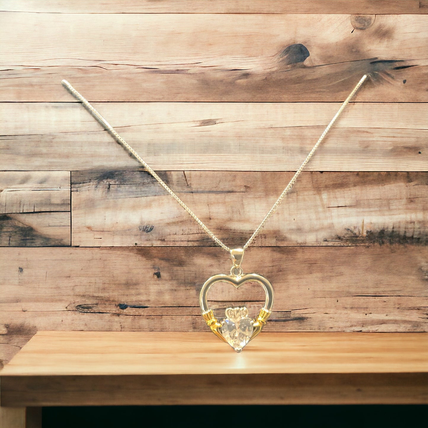 Sterling Silver Irish Claddagh Pendant w/ Clear CZ Heart + Free Chain