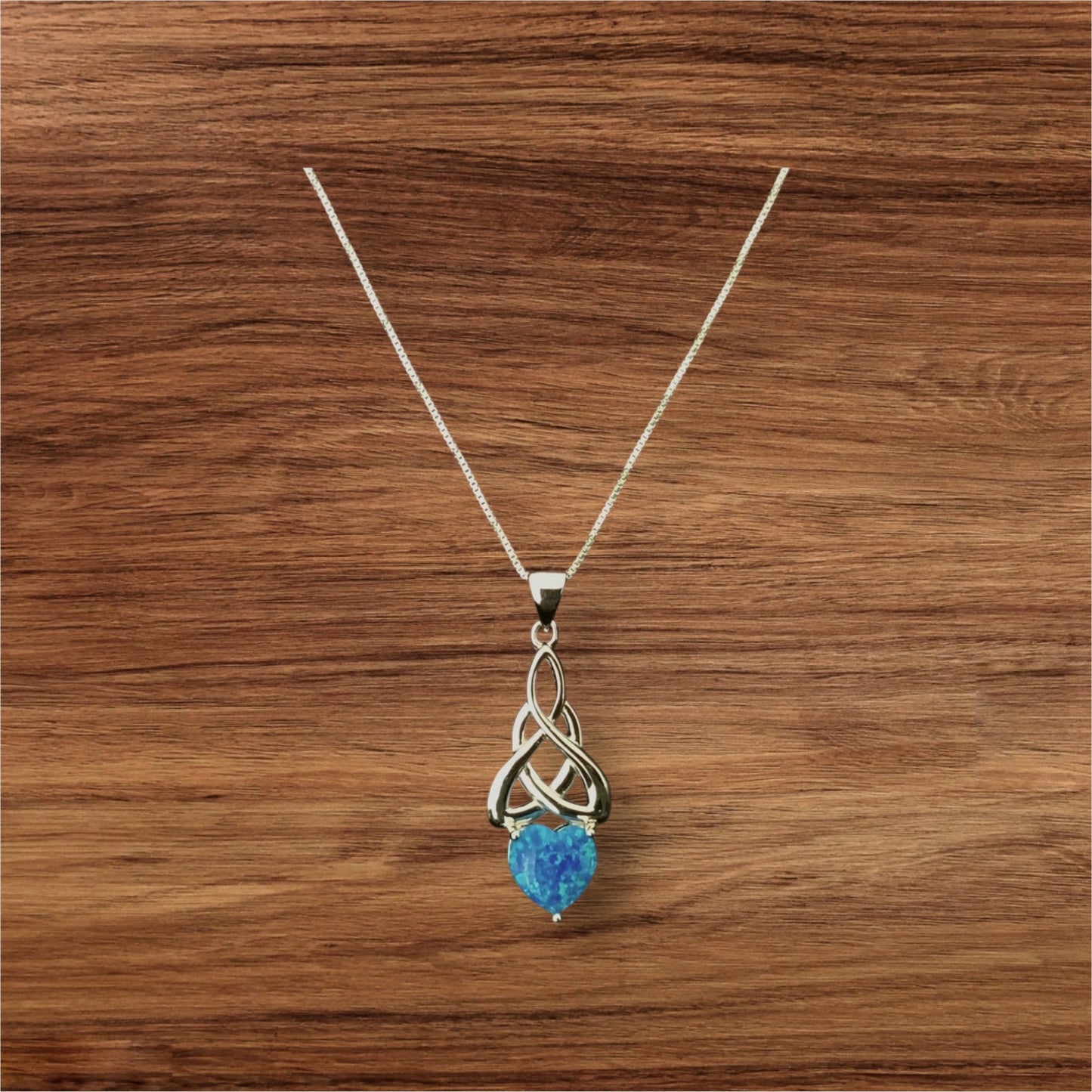 925 Sterling Silver Celtic Loveknot Heart Blue Opal Pendant + Free Chain