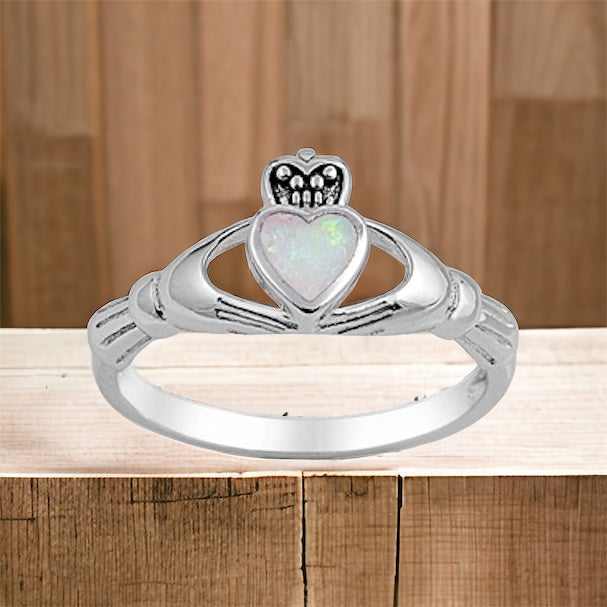 Sterling Silver Irish Claddagh Ring w/ White Opal