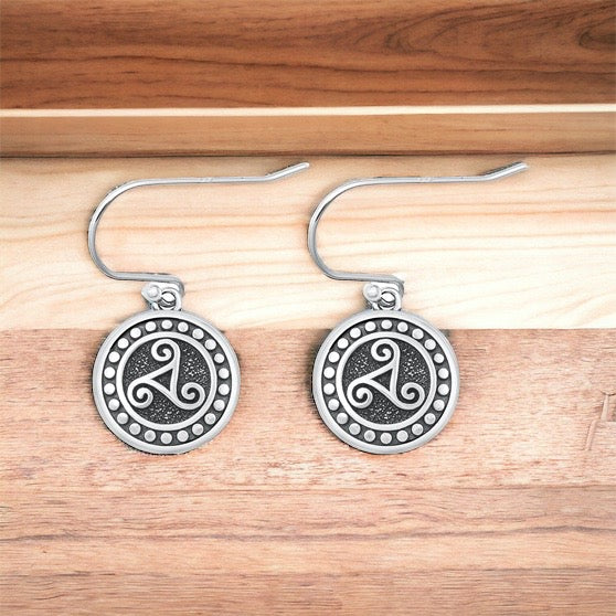 925 Sterling Silver Celtic Triskele Triple Spiral Triskelion Dangle Earrings