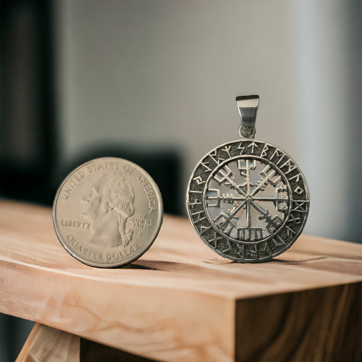 Large Handcast 925 Sterling Silver Norse Viking Compass Vegvisir Pendant Necklace + Free Chain