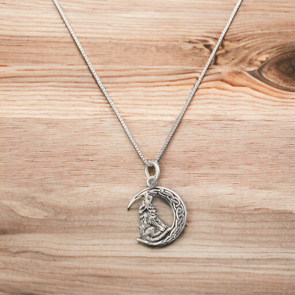 Handcast 925 Sterling Silver Howling Wolf Pendant on Crescent Moon accented with Celtic Knotwork + Free Chain