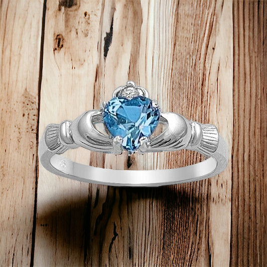 Sterling Silver Irish Claddagh Ring w/ Blue Topaz CZ Size 3-13