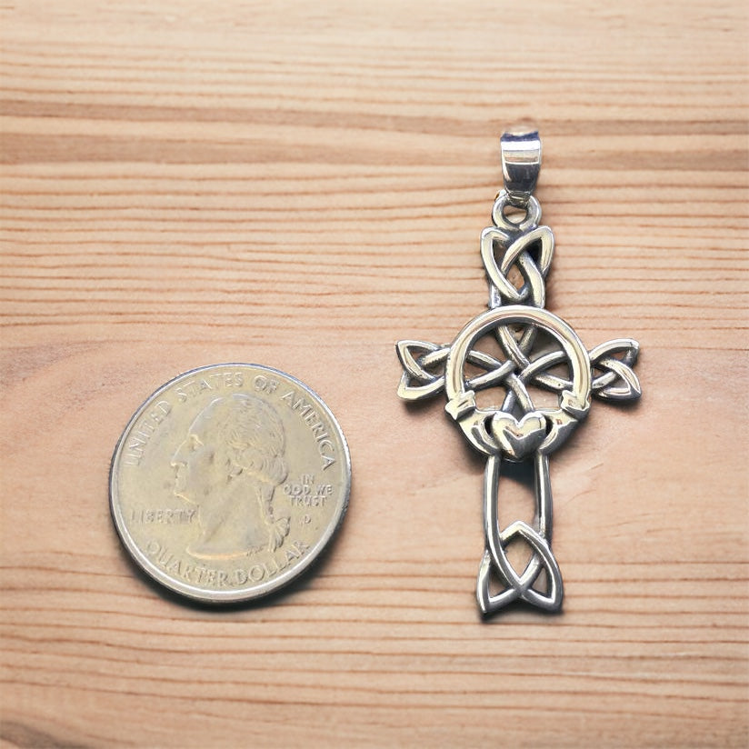 Handcast Large 925 Sterling Silver Unisex Irish Celtic Claddagh Claddaugh Cross Pendant Necklace Free Chain