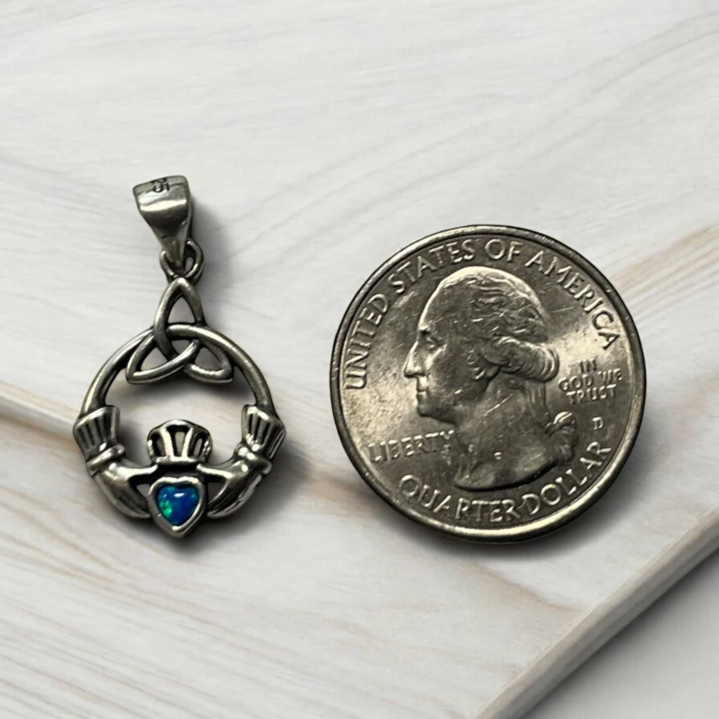 925 Sterling Silver Irish Celtic Claddagh Blue Opal Pendant Necklace