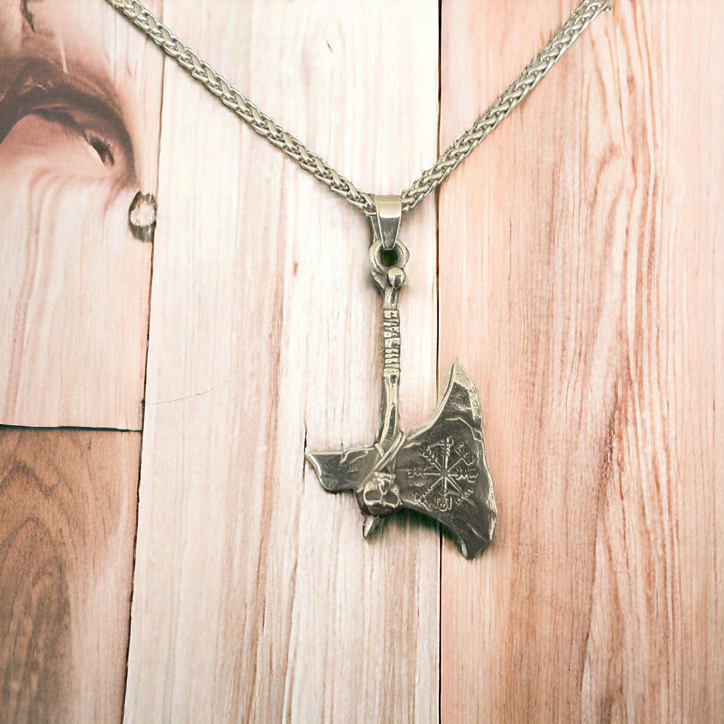 316L Surgical Stainless Steel Viking Norse Battle Axe Vegvisir Pendant + Free Chain Necklace