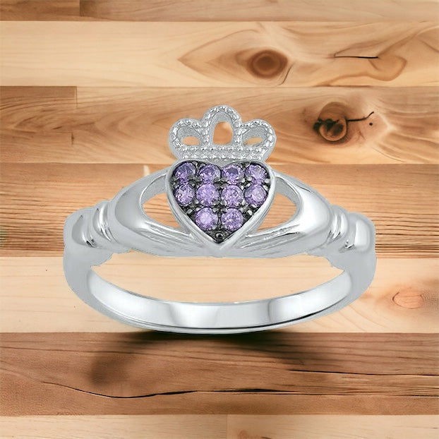Sterling Silver Irish Claddagh Ring w/ Amethyst CZ Size 4-10