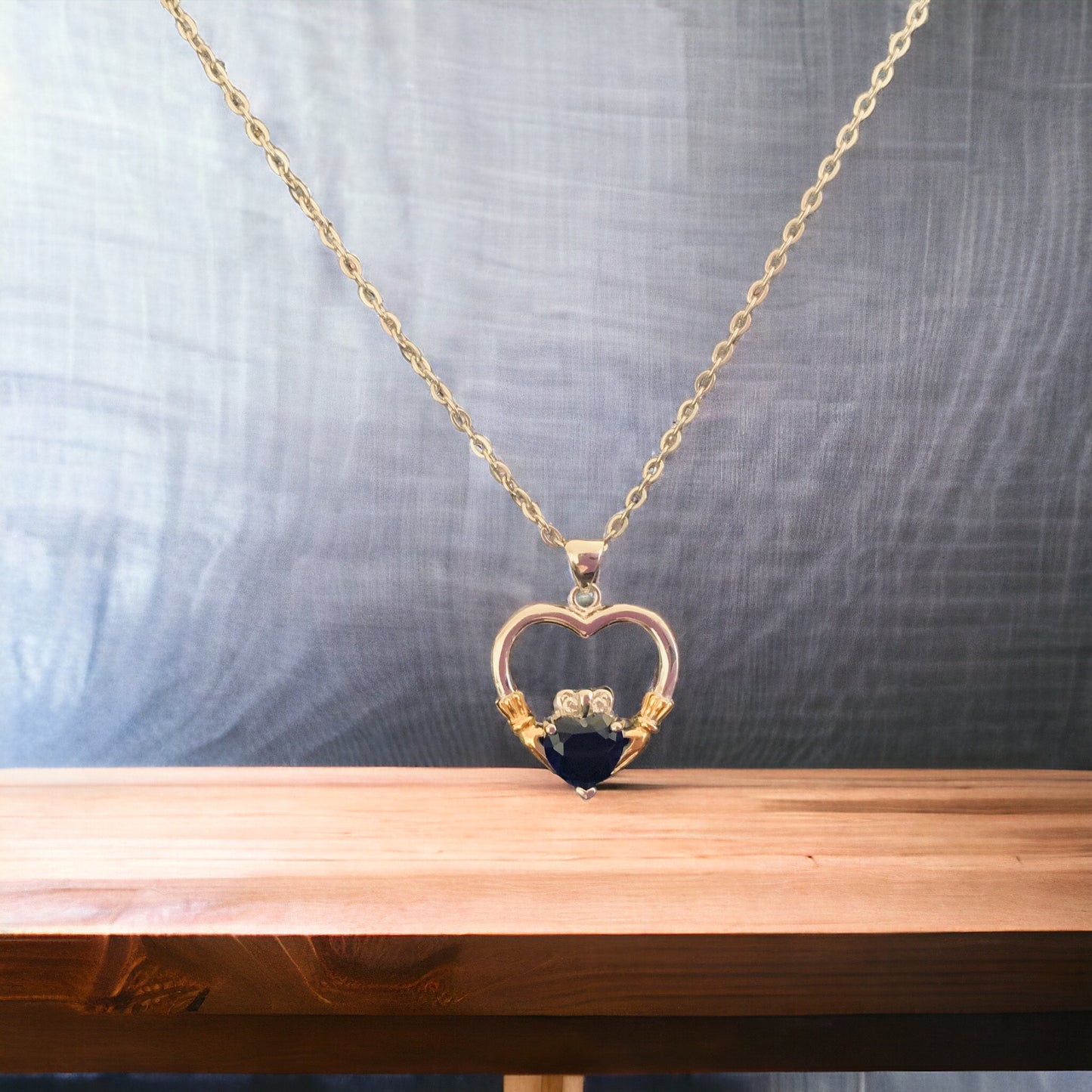 Sterling Silver Irish Claddagh Heart Pendant w/ Sapphire Blue CZ + Free Chain