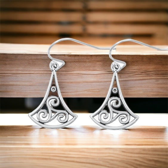 925 Sterling Silver Celtic Triskele Triple Spiral Triskelion Dangle Earrings