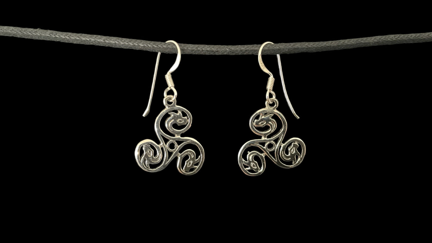 925 Sterling Silver Celtic Triskele Triple Spiral Triskelion Dangle Earrings