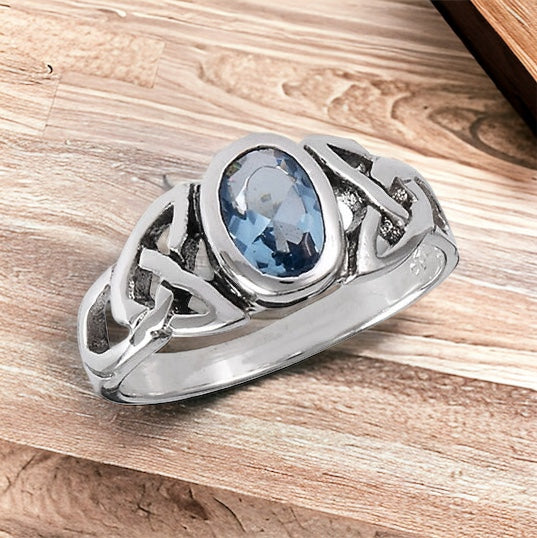Silver Celtic Triquetra / Trinity Knot Ring Blue Topaz CZ