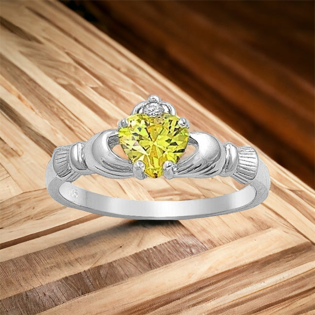 Sterling Silver Irish Claddagh Ring w/ Yellow Topaz CZ Size 4-12