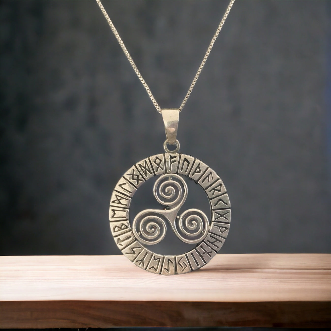 Handcast 925 Sterling Silver Celtic Viking Triskele Triple Spiral Triskelion Pendant Necklace 24 Runes + Free Chain