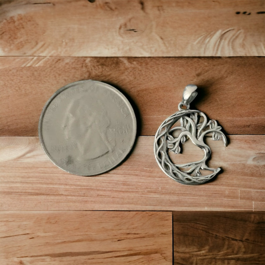 925 Sterling Silver Tree of Life Crescent Moon Pendant Necklace + Free Chain