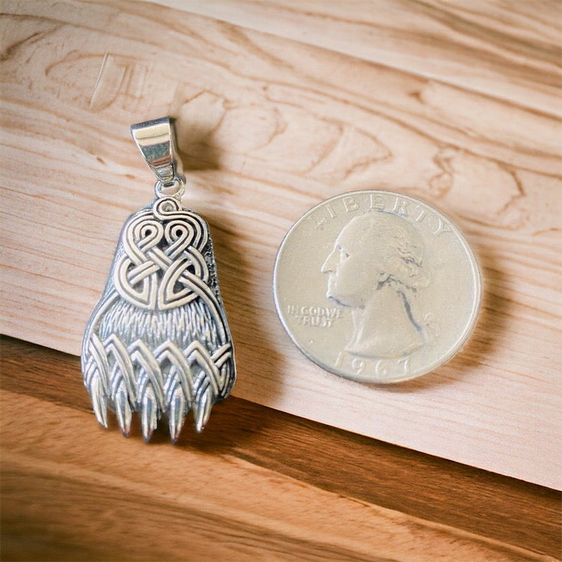 Handcast 925 Sterling Silver Celtic Viking Bear Claw Paw Pendant with Celtic Knot Designs + Free Chain Necklace