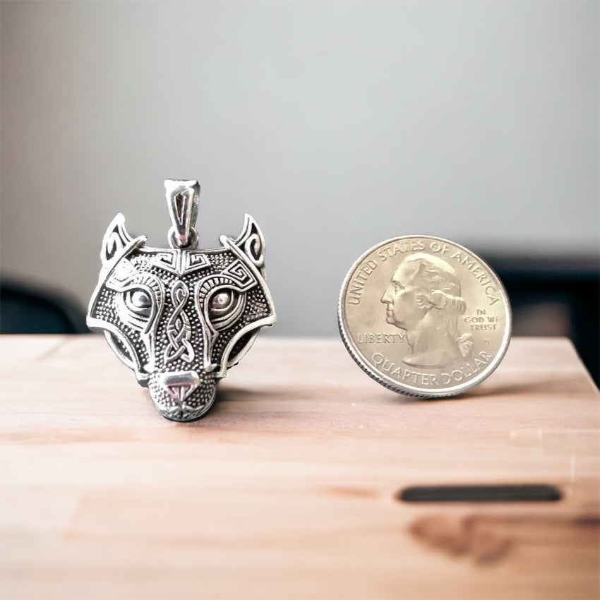 Unique Handcast 925 Sterling Silver Celtic Viking Wolf Pendant + Free Chain