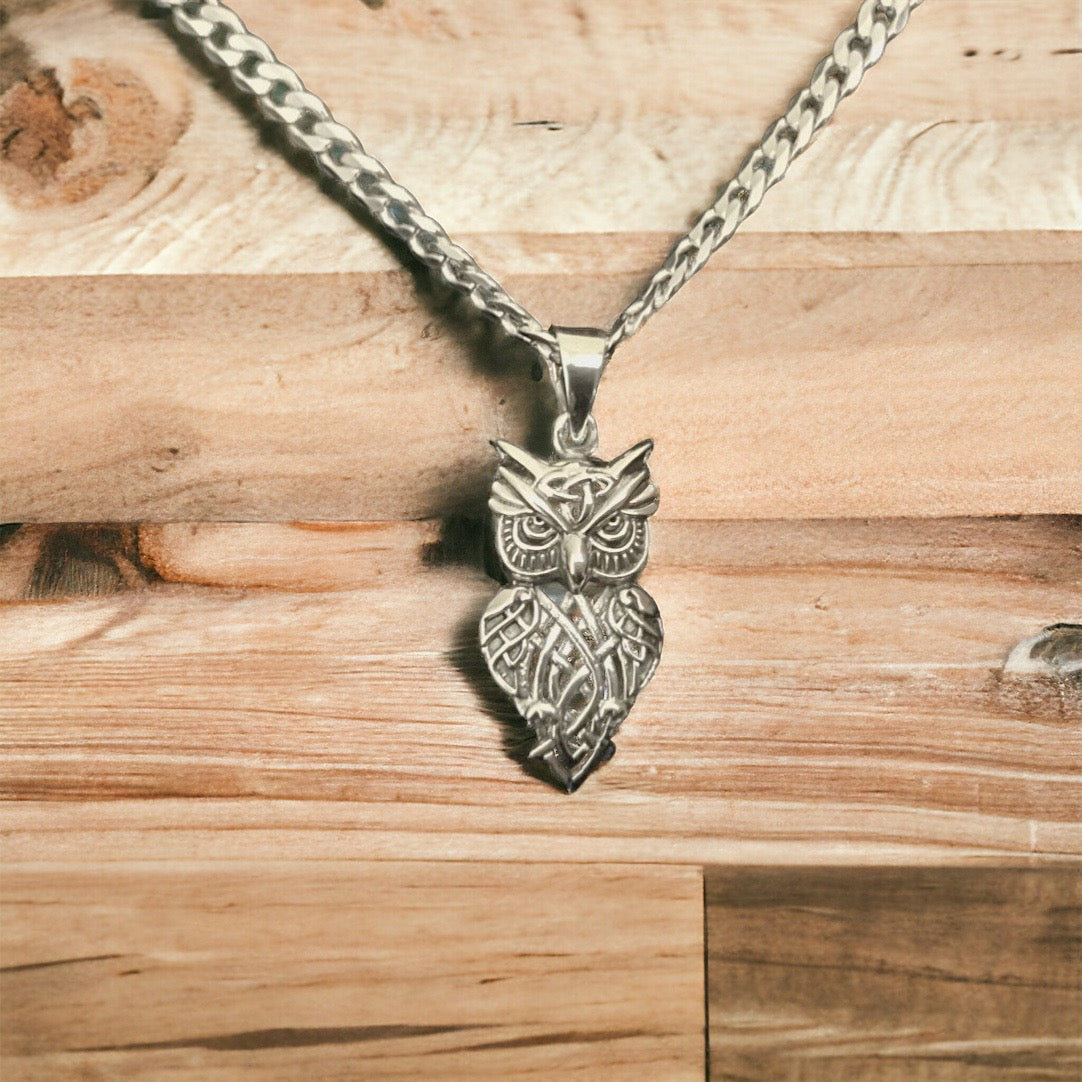 Handcast 925 Sterling Silver Owl Pendant accented with Celtic Knotwork + Free Chain