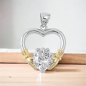 Sterling Silver Irish Claddagh Pendant w/ Clear CZ Heart + Free Chain
