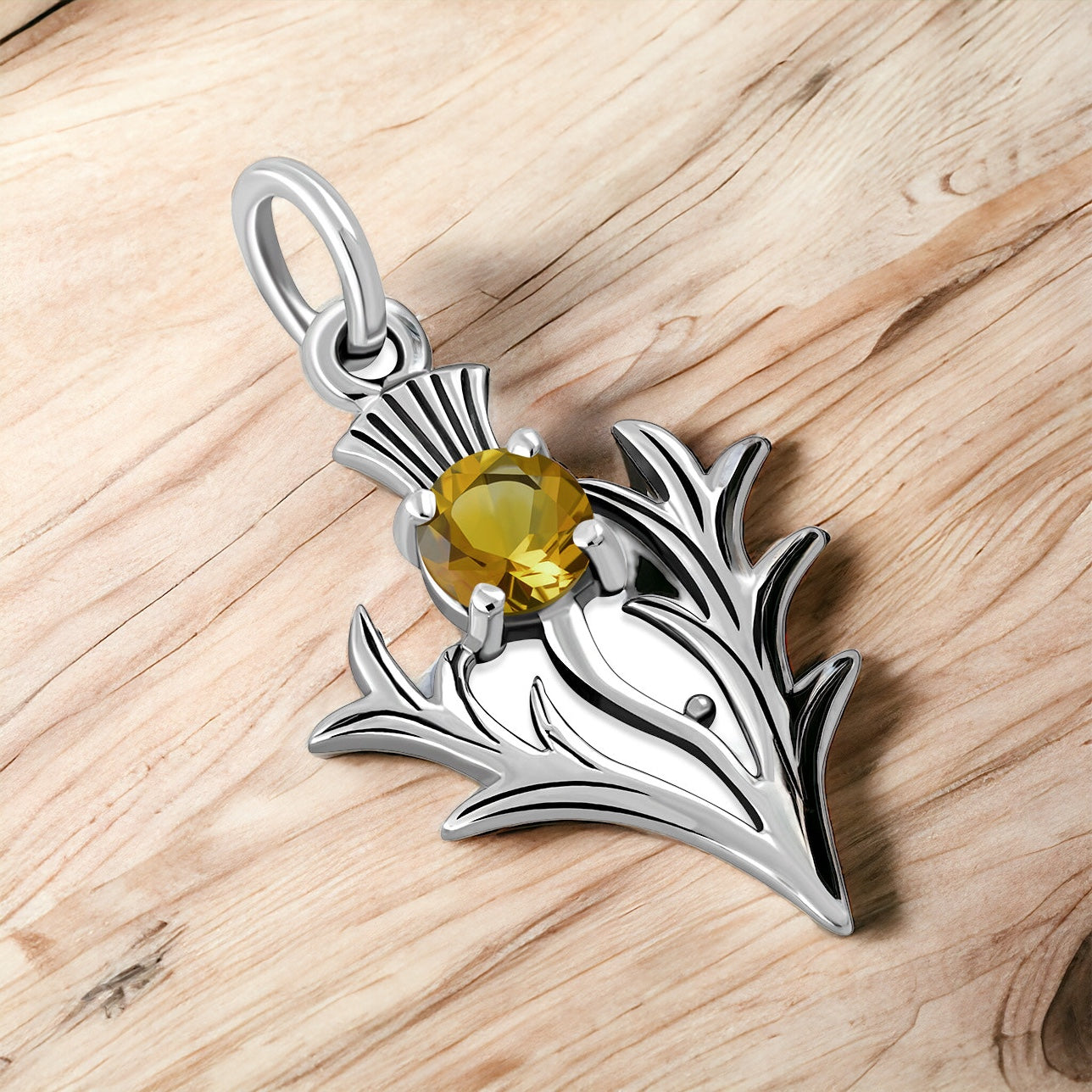 925 Sterling Silver Scottish Thistle Flower Citrine Pendant + Free Chain