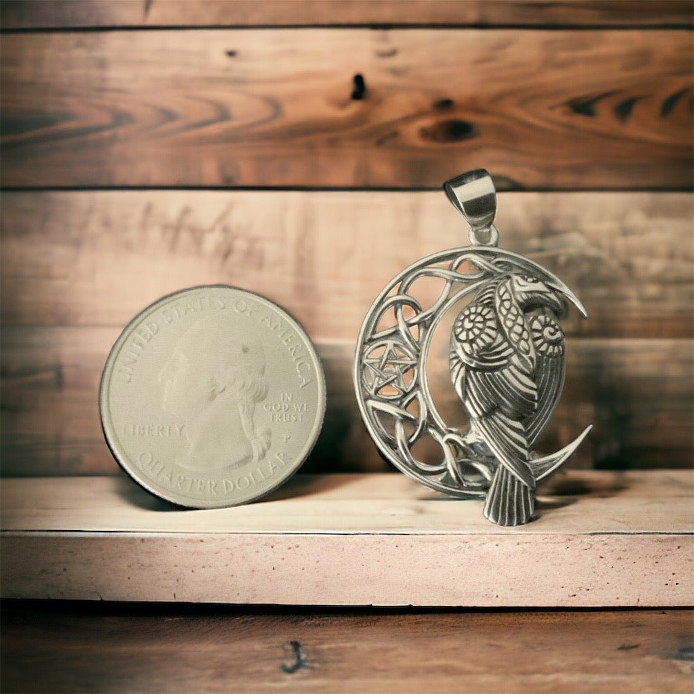 Handcast 925 Sterling Silver Raven Pendant on Crescent Moon accented with Celtic Knotwork + Free Chain