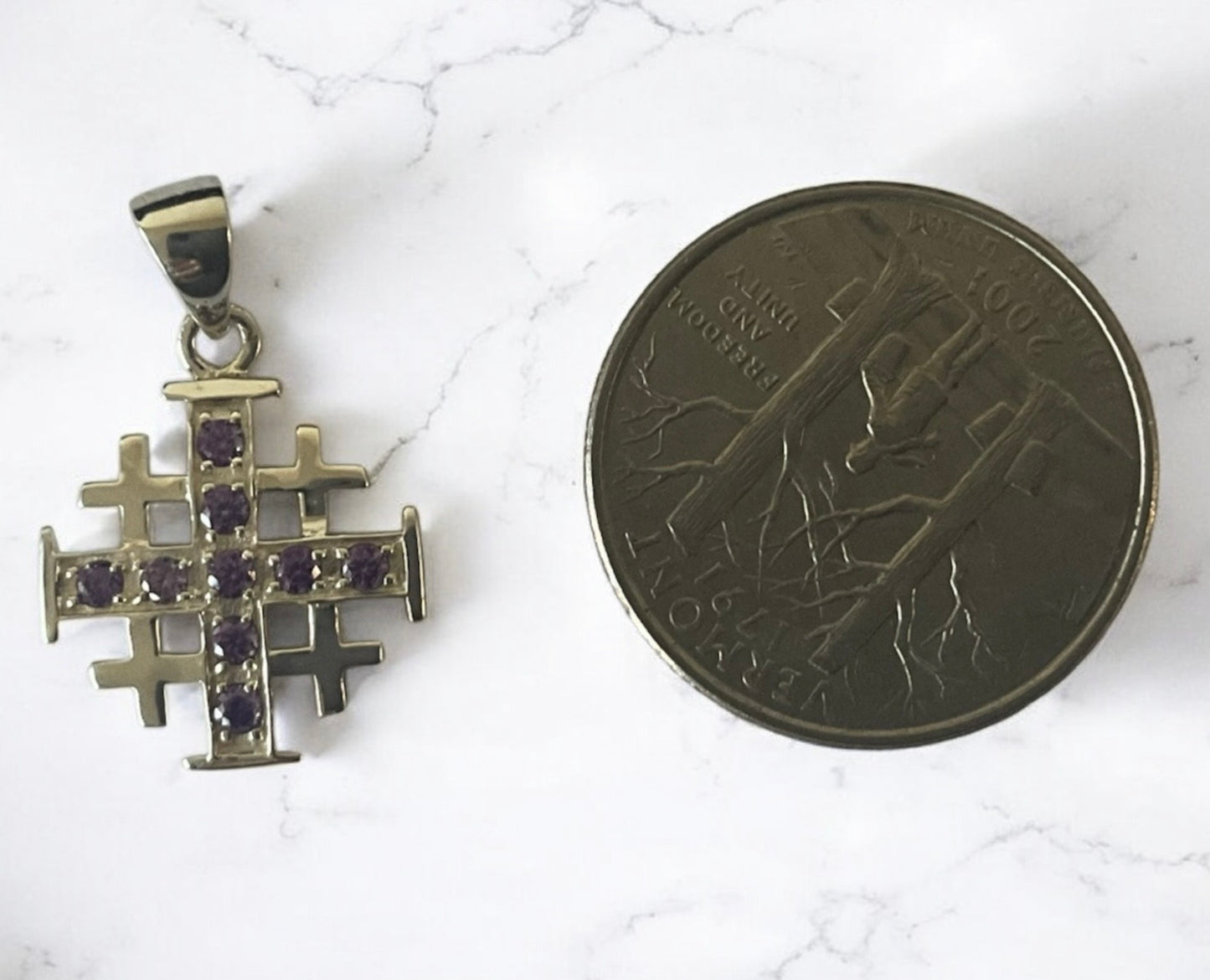 925 Sterling Silver Jerusalem / Crusader Cross w/ Amethyst CZ Pendant Necklace + Free Chain
