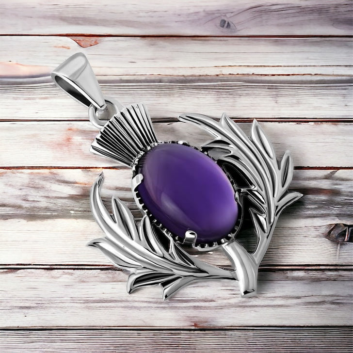 Large 925 Sterling Silver Scottish Thistle Flower Amethyst Pendant + Free Chain
