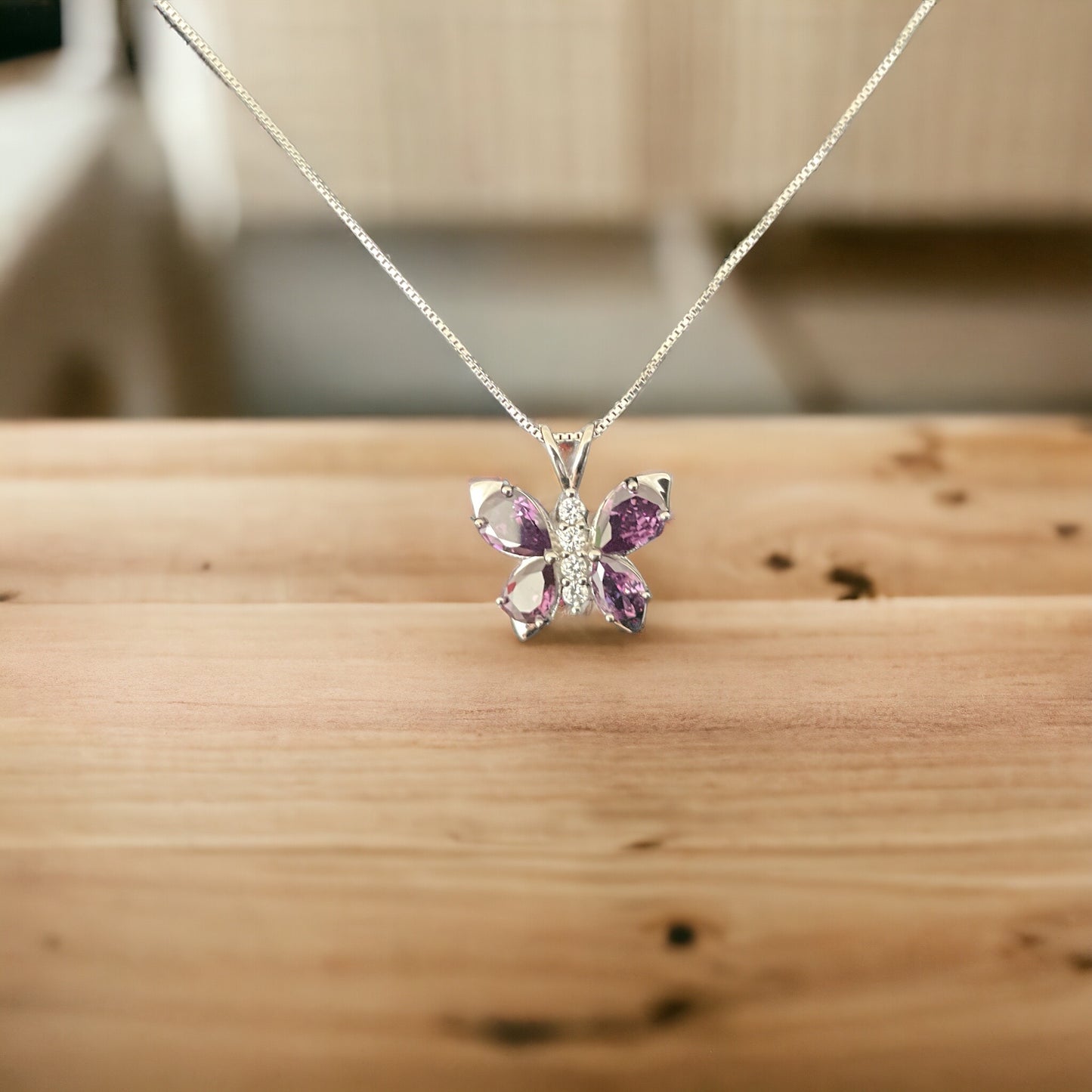 925 Sterling Silver Butterfly Pendant Necklace w/ Purple Amethyst CZ + Free Chain