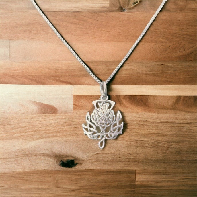Handcast 925 Sterling Silver Scottish Thistle Flower Pendant + Free Chain