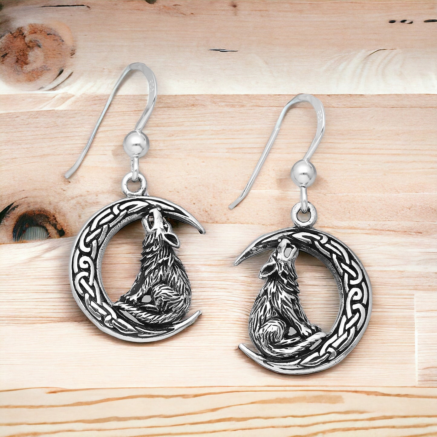 Handcast 925 Sterling Silver Celtic Howling Wolf on Crescent Moon Dangle Earrings