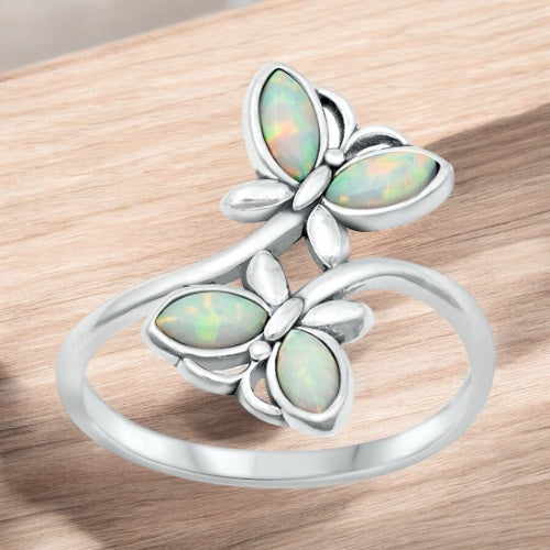 925 Sterling Silver Double Butterfly Opal Ring Size 5-10