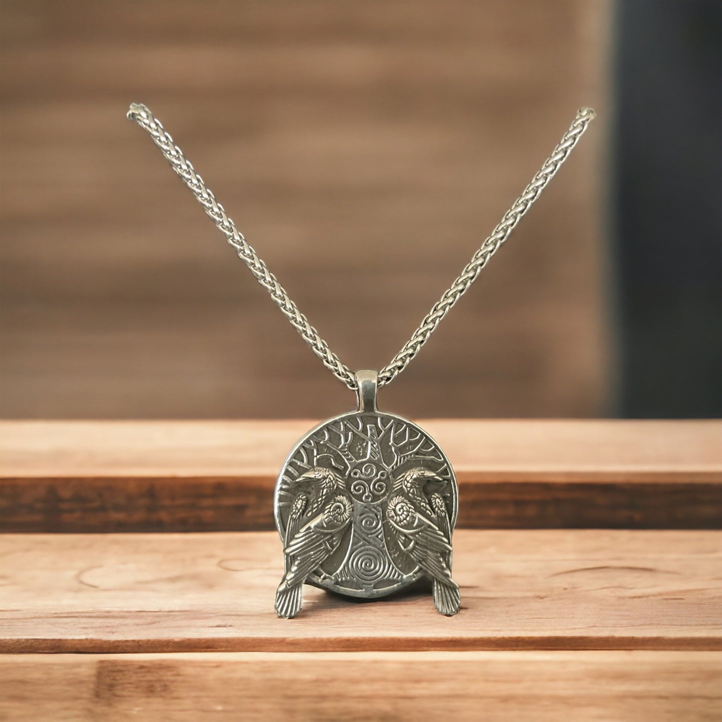 Double-Sided 316L Surgical Stainless Steel Tree of Life Ravens Pendant + Free Chain Necklace