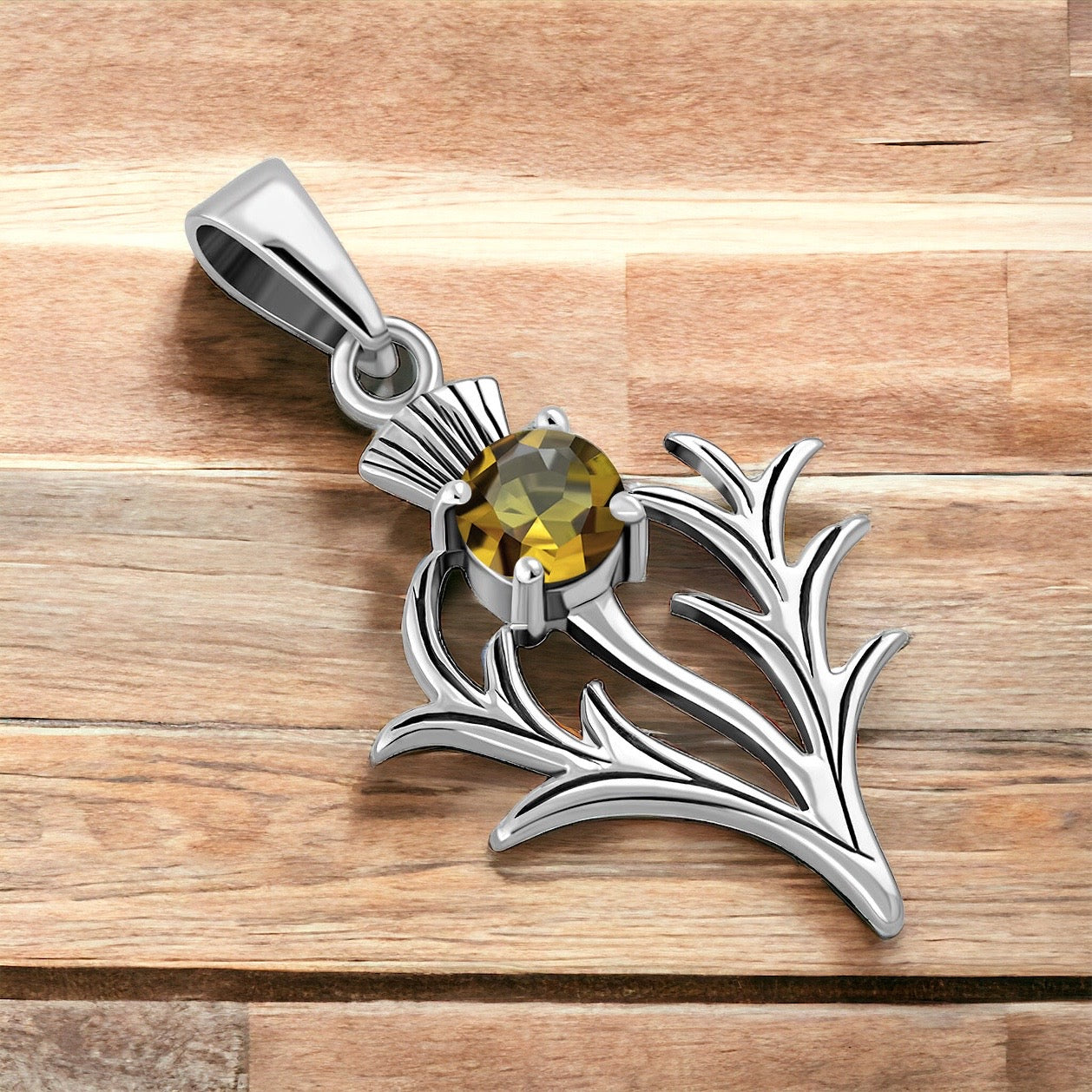 925 Sterling Silver Scottish Thistle Flower Citrine Pendant + Free Chain