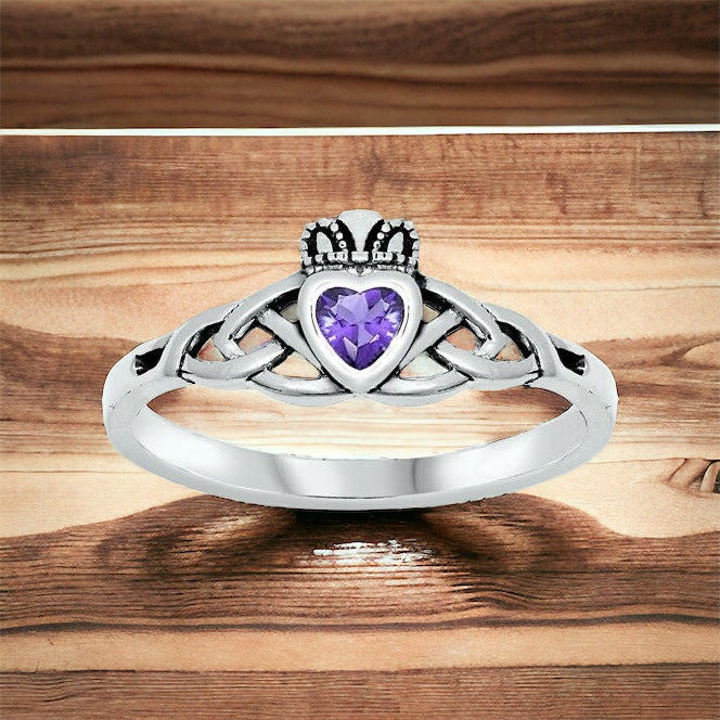 Sterling Silver Irish Claddagh Ring w/ Amethyst CZ Size 3-10