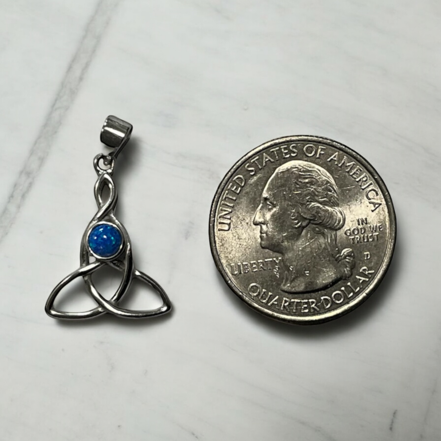 925 Sterling Silver Celtic Trinity Knot with Blue Opal Pendant + Chain