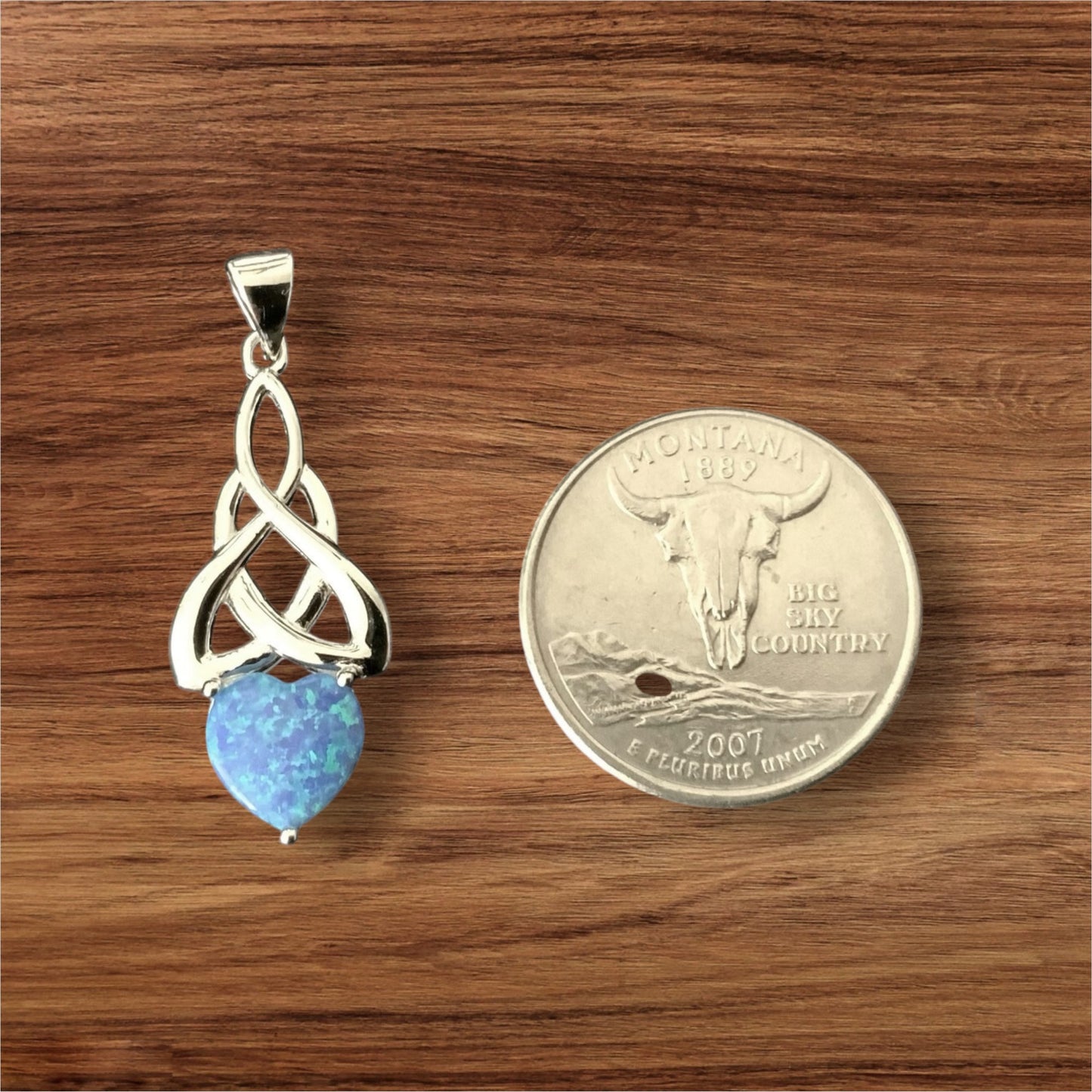 925 Sterling Silver Celtic Loveknot Heart Blue Opal Pendant + Free Chain